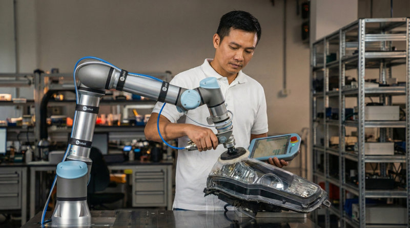 Cobot làm việc trực tiếp cùng kỹ thuật viên mà không cần rào chắn, tích hợp cảm biến an toàn và dễ dàng tái bố trí trong dây chuyền linh hoạt.