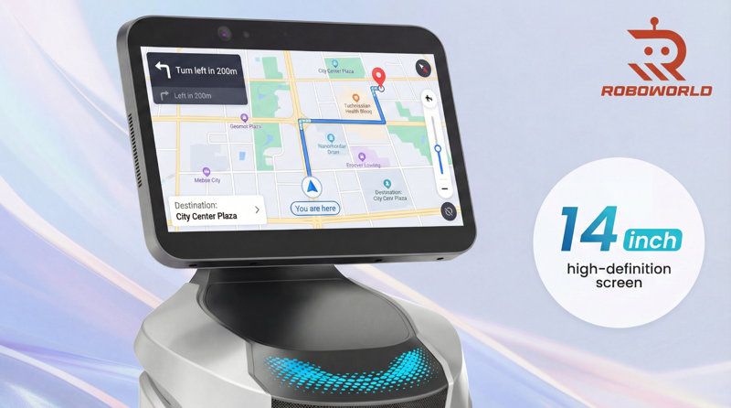 Màn hình 14 inch Full HD hiển thị bản đồ dẫn đường trực quan, đồng thời trình chiếu nội dung quảng bá và thông tin sự kiện linh hoạt