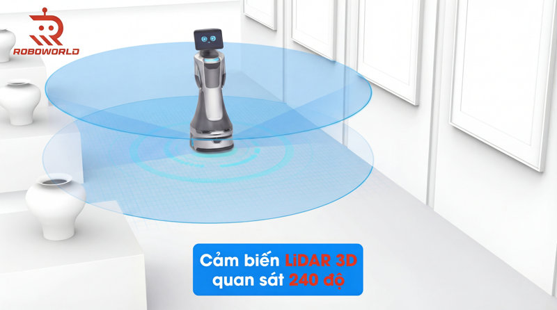 GreetingBot Nova sử dụng công nghệ LiDAR 3D để quét không gian thời gian thực, xây dựng bản đồ kỹ thuật số chính xác trong môi trường diện tích lớn.