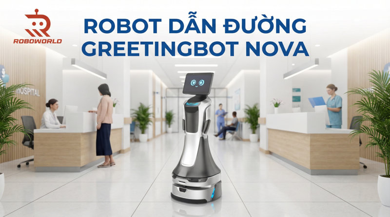 Robot GreetingBot Nova cao 1.35m với thiết kế hiện đại, tích hợp AI và khả năng điều hướng thông minh, đóng vai trò như một “nhân viên lễ tân” tự động