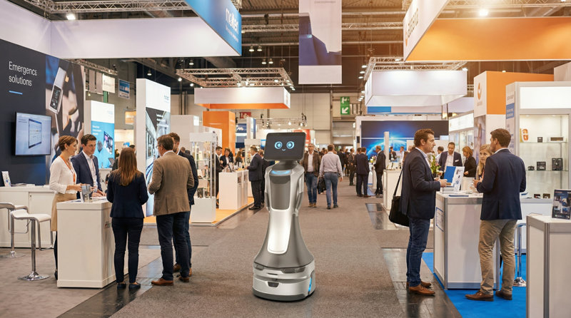 GreetingBot Nova xuất hiện tại lối vào gian hàng, thu hút ánh nhìn và tạo hiệu ứng công nghệ nổi bật giữa không gian hội chợ