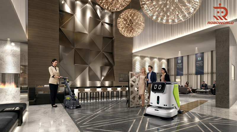 Tối ưu chi phí vận hành khách sạn nhờ robot vệ sinh tự động Pudu CC1 & bán tự động Pudu SH1