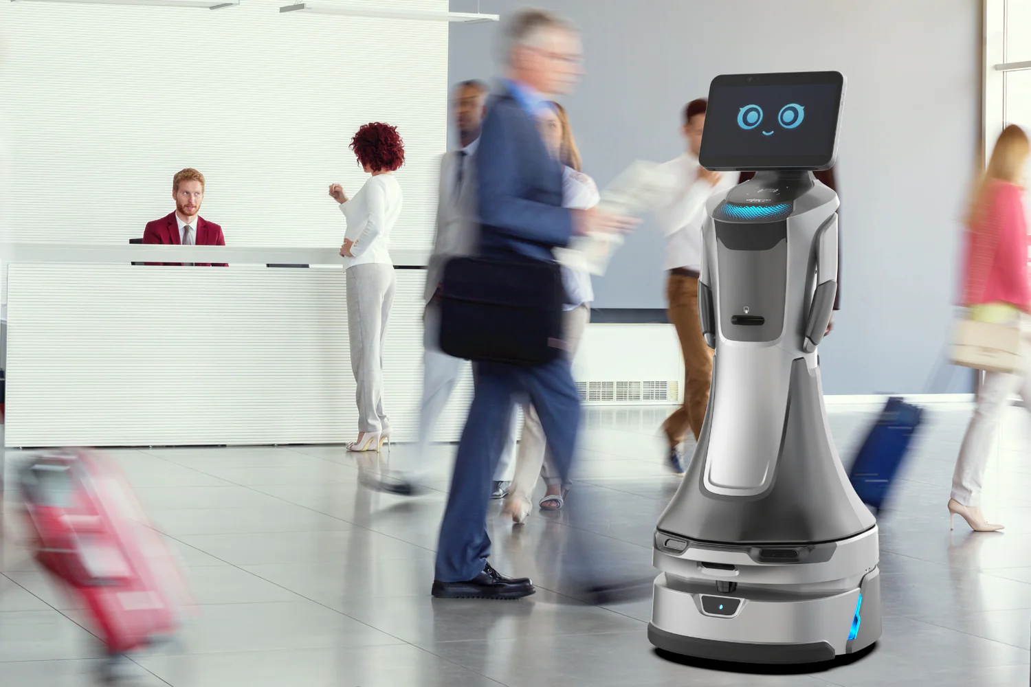 Robot lễ tân đón khách tại sảnh khách sạn và tòa nhà văn phòng