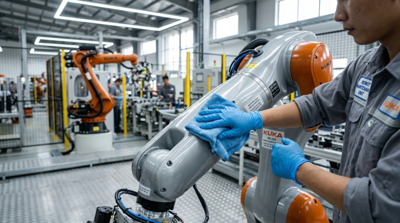 Lau sạch lớp vỏ ngoài robot bằng khăn mềm và dung dịch trung tính để loại bỏ bụi bẩn, dầu mỡ mà không gây trầy xước