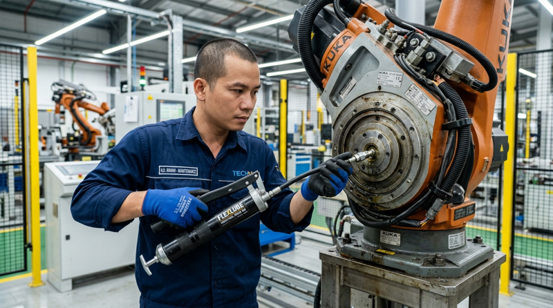 Tra mỡ và thay dầu đúng tiêu chuẩn giúp giảm ma sát, bảo vệ các bộ phận chuyển động và duy trì hiệu suất robot