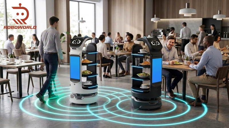 Robot phục vụ tích hợp LiDAR di chuyển linh hoạt trong môi trường đông người, tự động tránh vật cản và dừng chính xác