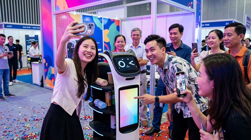 BellaBot Pro gây ấn tượng với biểu cảm sống động, thu hút khách check-in và tương tác