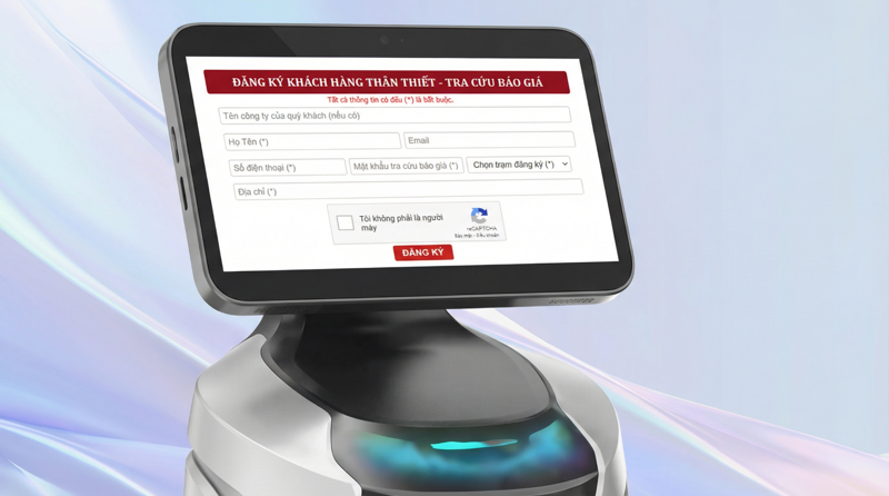 Robot GreetingBot Nova tích hợp biểu mẫu đăng ký và khảo sát trực tiếp trên màn hình, hỗ trợ thu thập dữ liệu khách tiềm năng ngay tại sự kiện