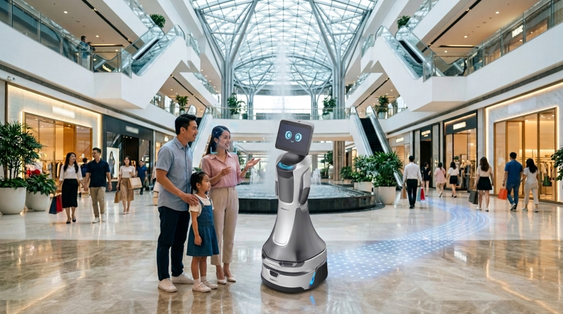 Robot lễ tân GreetingBot Nova thông minh giúp chào đón khách, cung cấp thông tin và dẫn đường chính xác đến các gian hàng trong trung tâm thương mại