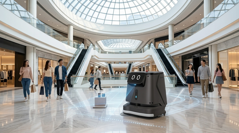 Robot vệ sinh Pudu CC1 tự động làm sạch sàn, giúp duy trì không gian trung tâm thương mại luôn sạch sẽ và chuyên nghiệp