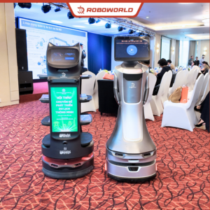 Bộ đôi robot Roboworld hoạt động giữa không gian Hội thảo Phát triển Du lịch Thông minh Hà Nội 2026