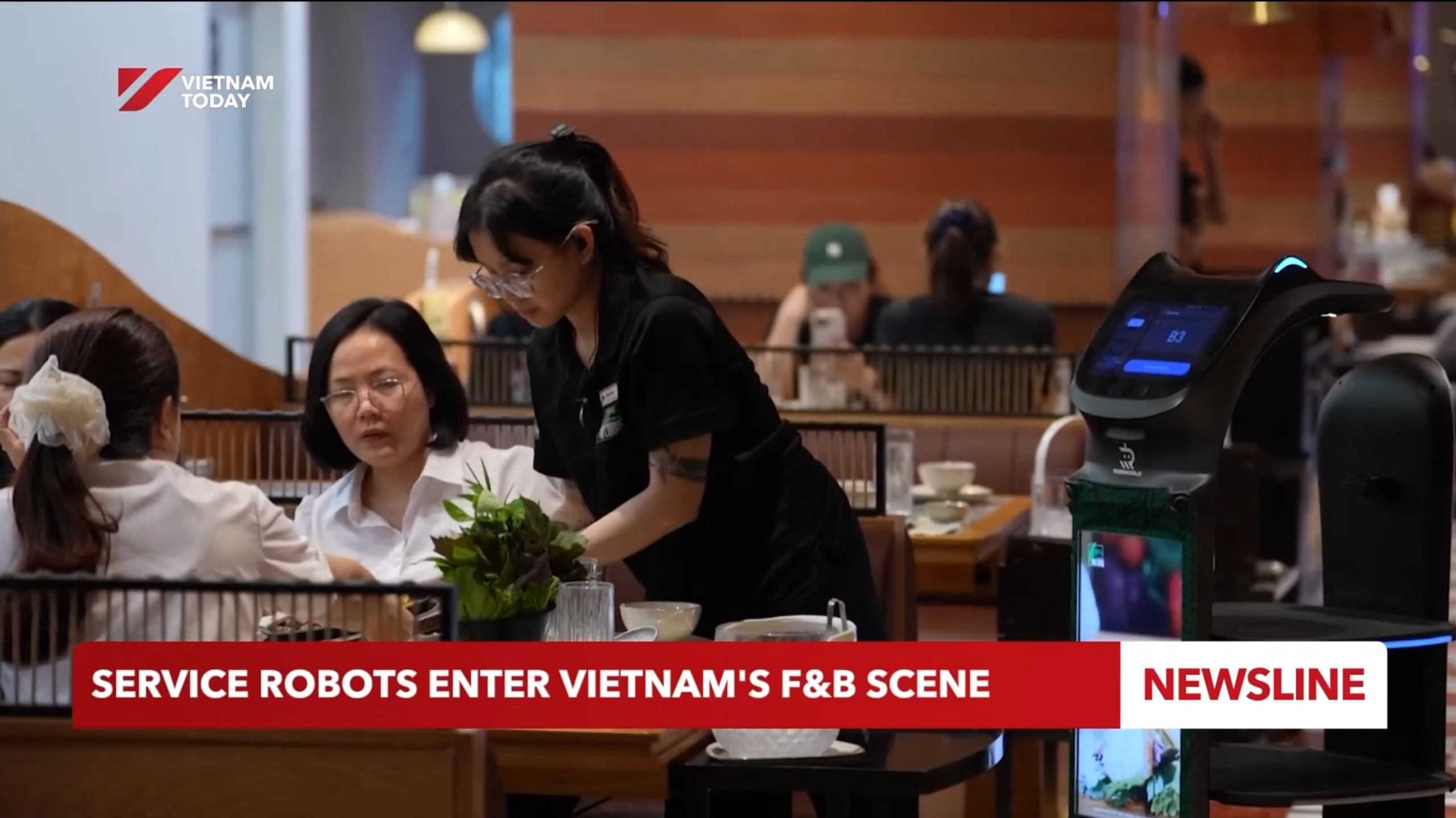 Robot phục vụ nhà hàng phối hợp cùng nhân viên trong giờ cao điểm