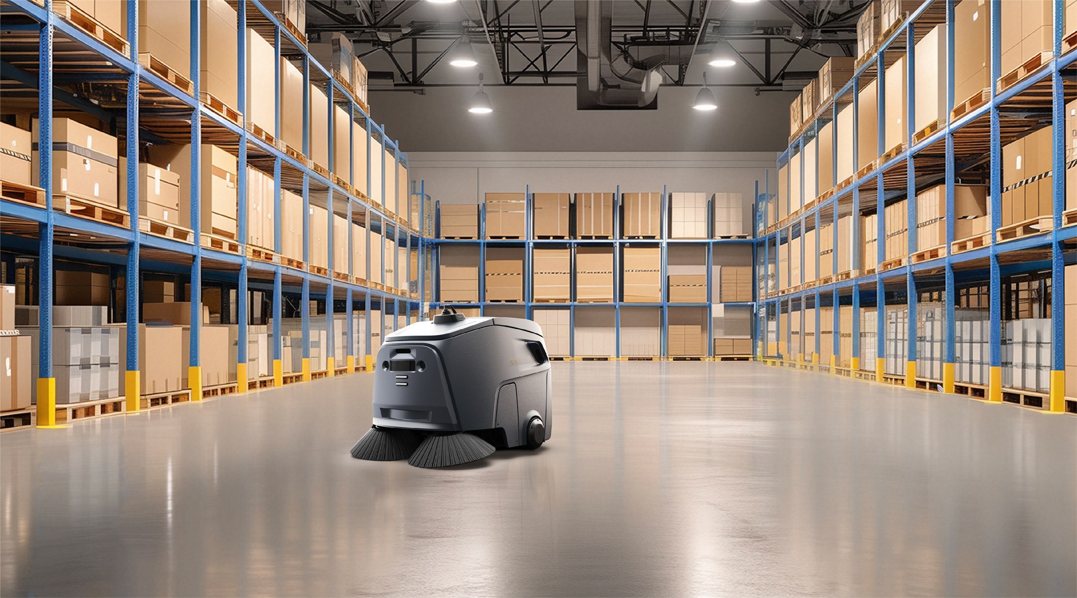 Robot Beetle di chuyển trong lối đi rộng của kho logistics