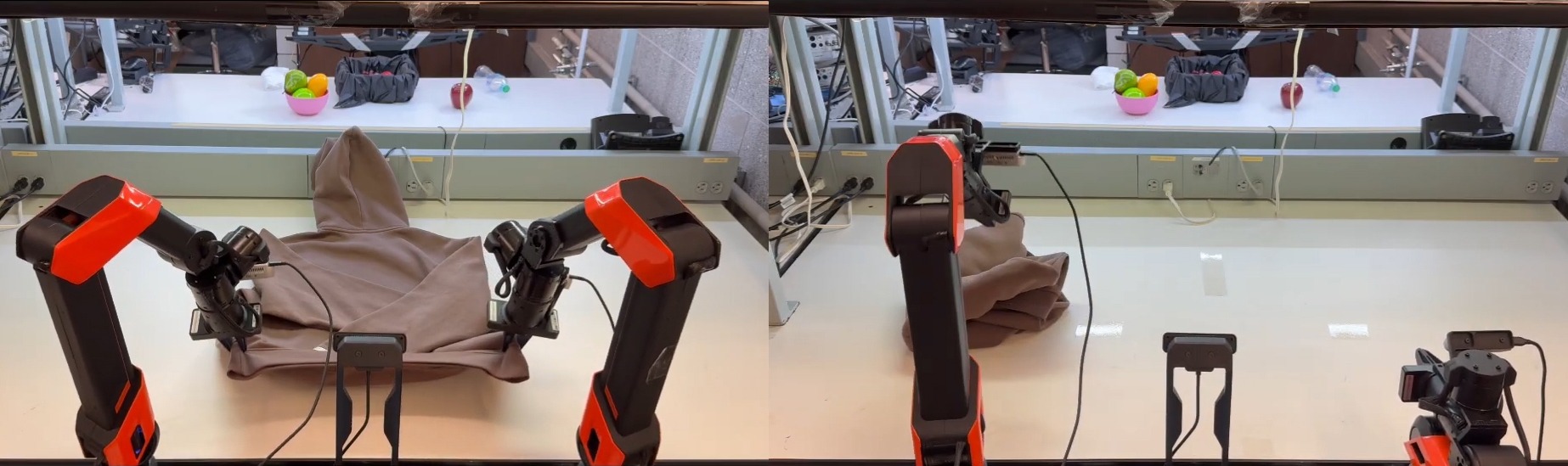 Cánh tay robot thao tác với vải mềm trong thử nghiệm phòng thí nghiệm