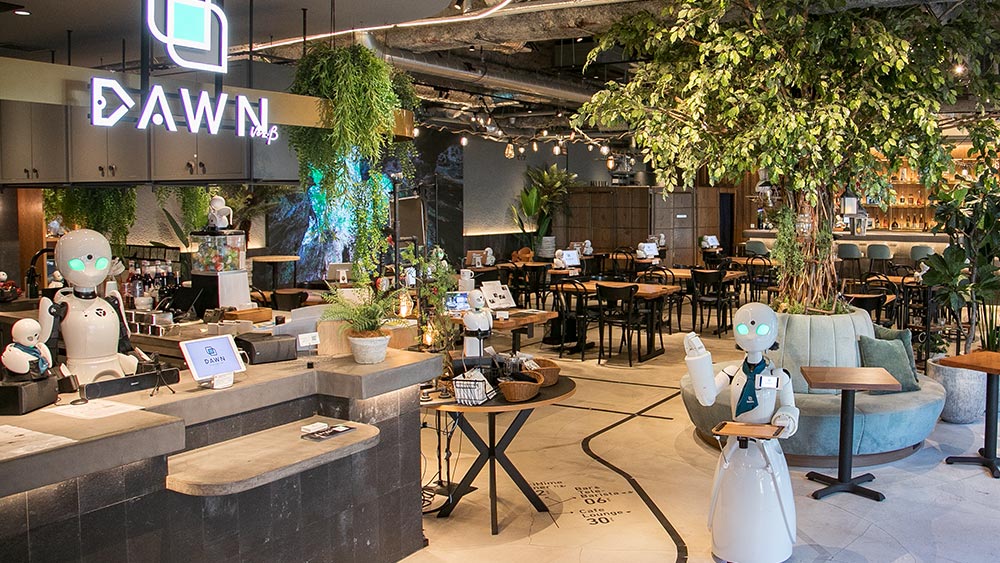 không gian quán cà phê robot phục vụ điều khiển từ xa DAWN
