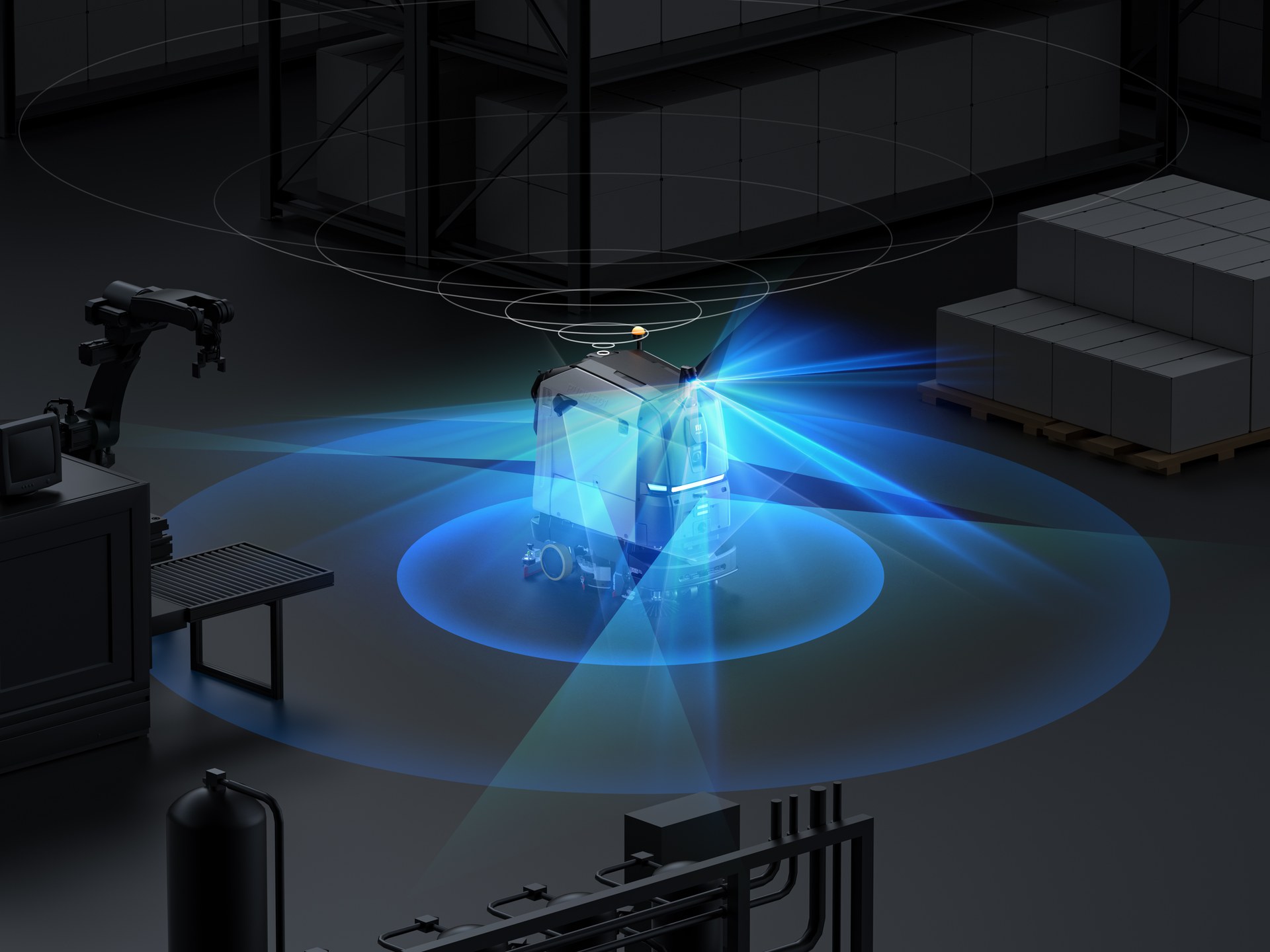 Hệ cảm biến 3D Lidar và VSLAM của robot PUDU BG1 Pro quét môi trường nhà kho