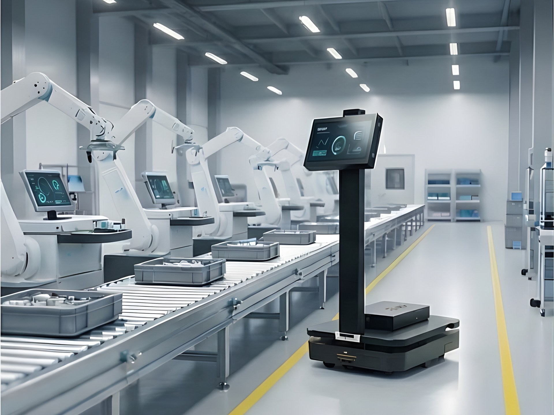 Robot tự hành nhà xưởng A100 cấp phát linh kiện bên dây chuyền lắp ráp tự động