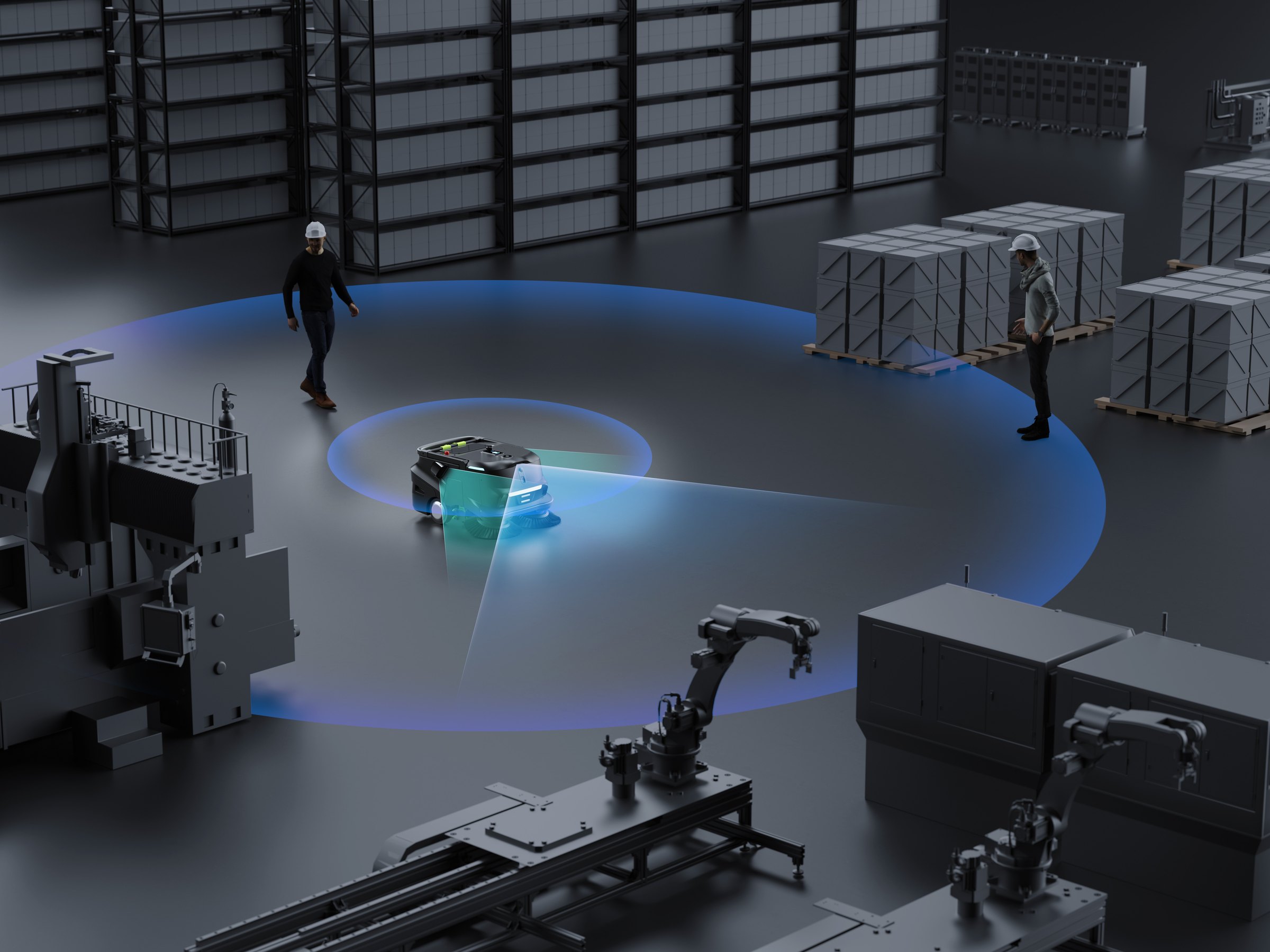 Hệ cảm biến LiDAR và camera của robot vệ sinh PUDU MT1 quét môi trường 360 độ trong nhà xưởng