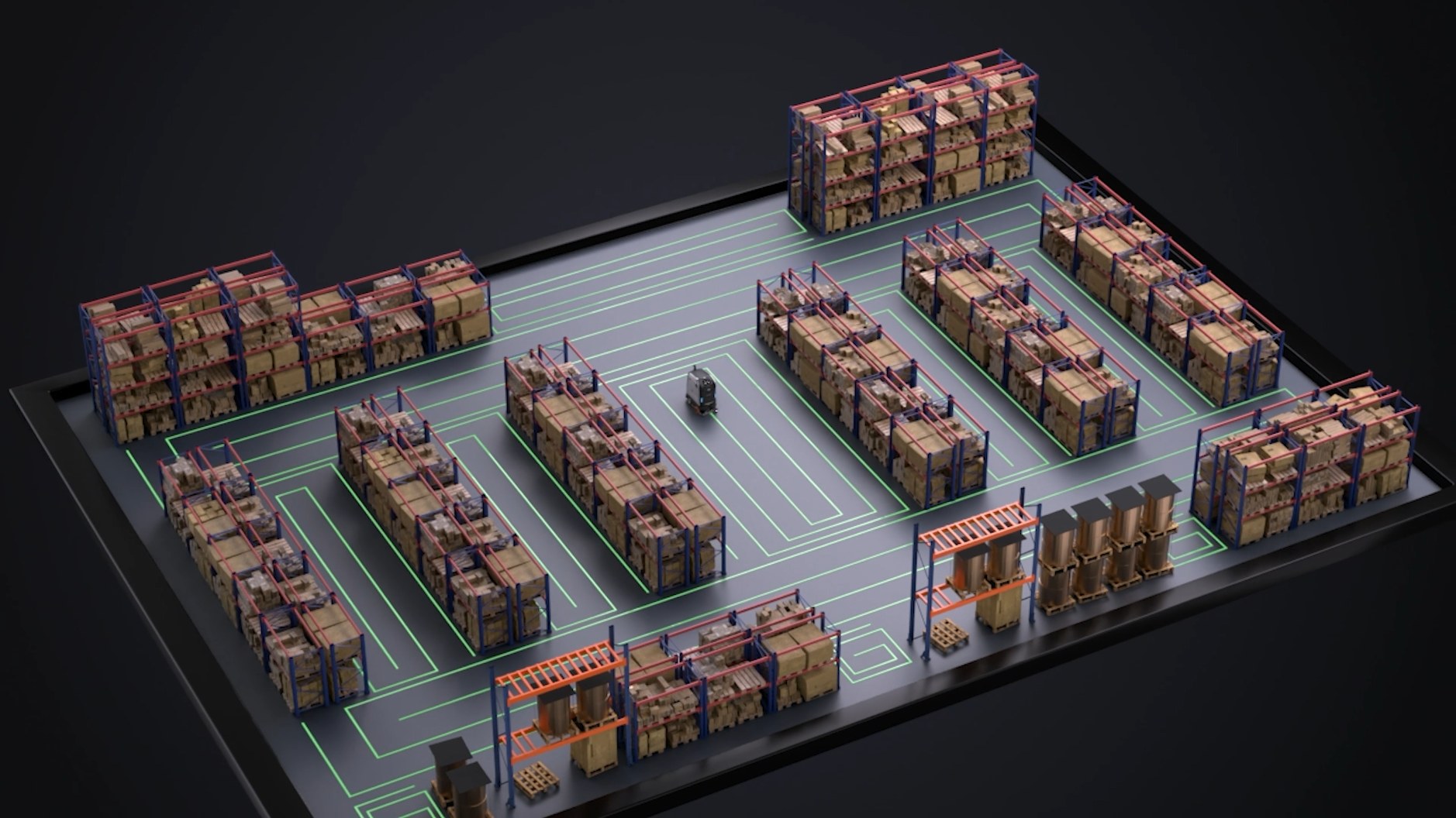 Sơ đồ lộ trình robot chà sàn phủ kín các lối đi trong kho logistics diện tích lớn
