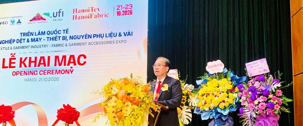 Ông Vũ Đức Giang, Chủ tịch VITAS phát biểu tại lễ khai mạc HanoiTex - HanoiFabric 2026